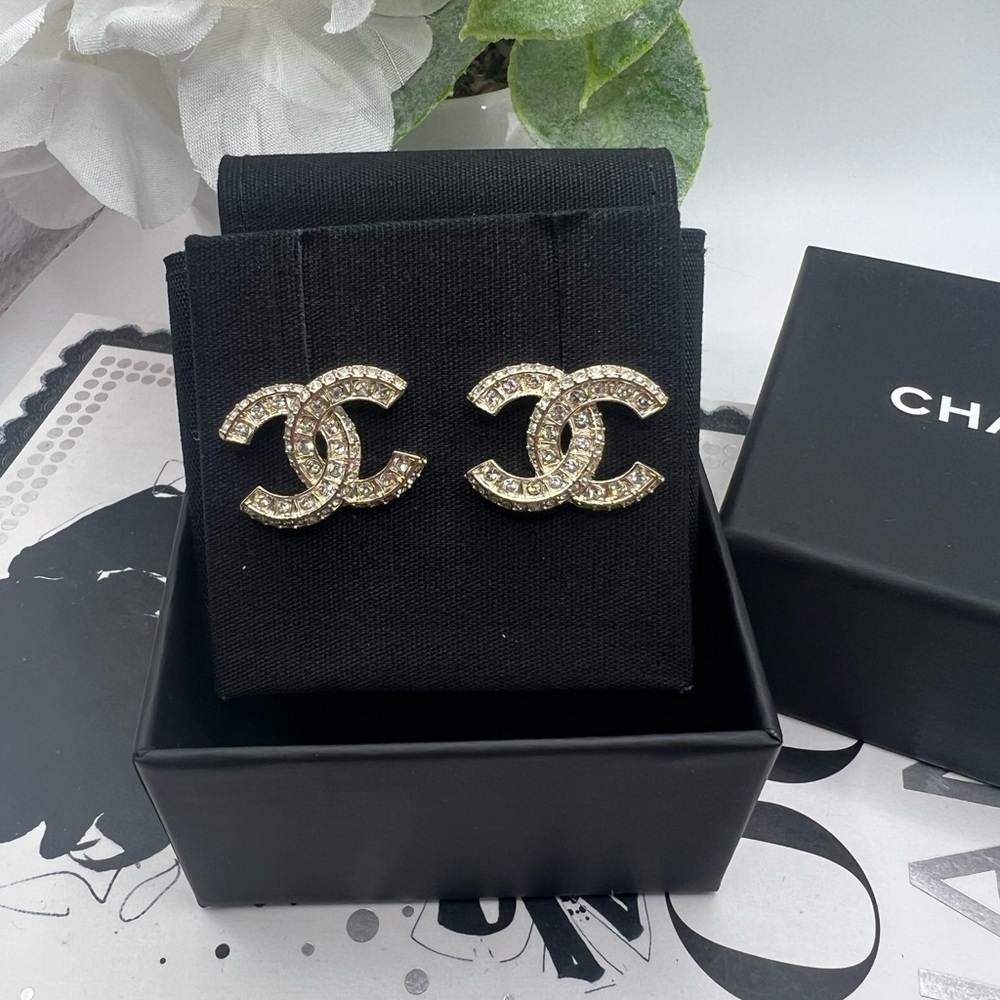 Chanel Gold Crystal Cc Classic Stud Earrings